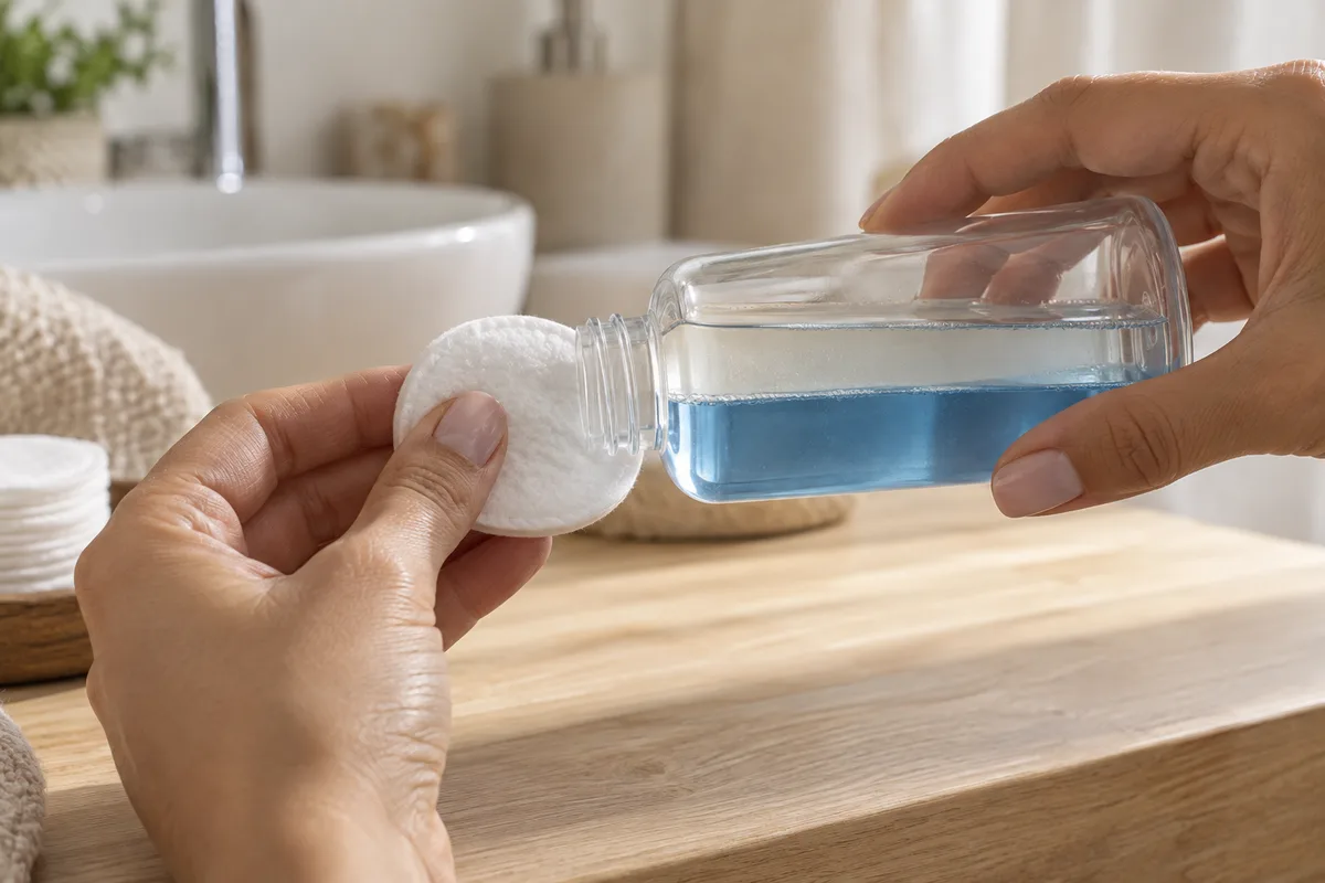 Mains pressant un disque de coton imbibé près d&rsquo;un flacon biphasé uni aux deux phases visibles