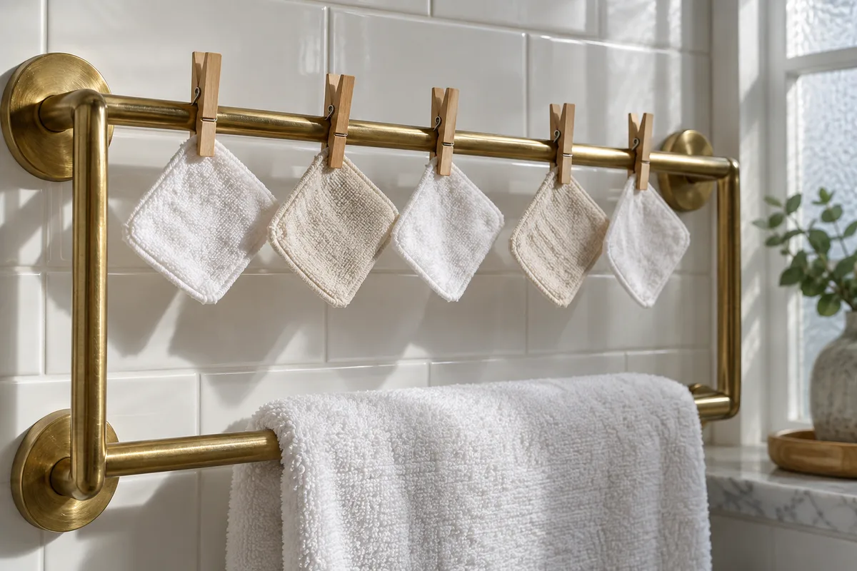 Carrés démaquillants lavables en coton blanc séchant sur un porte-serviette de salle de bain