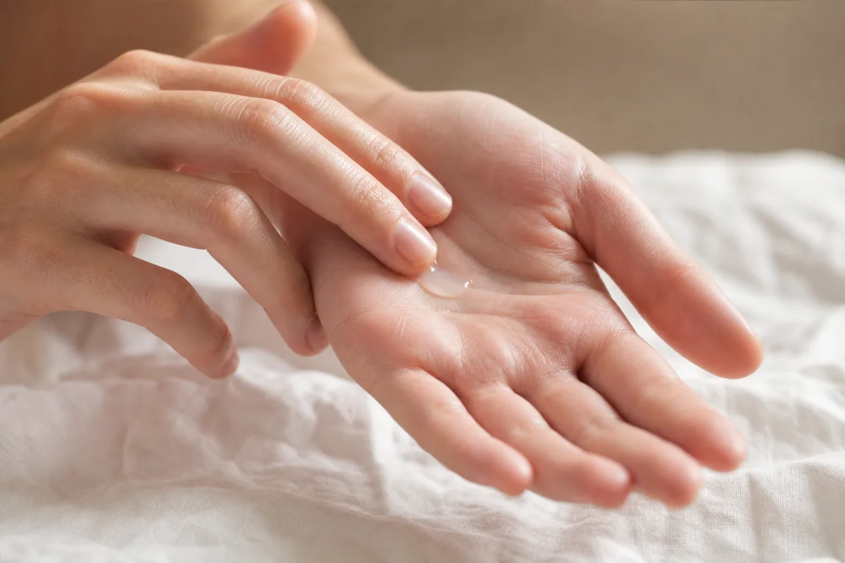 Deux mains appliquant une goutte de soin du bout de l’annulaire, serviette blanche en arrière-plan