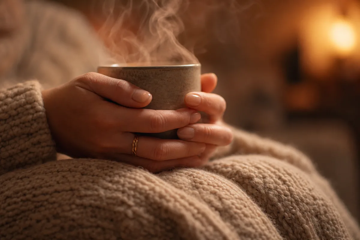 Tasse en céramique fumante posée près d’un plaid en laine sur une table basse en bois, lumière chaude d’une lampe de salon