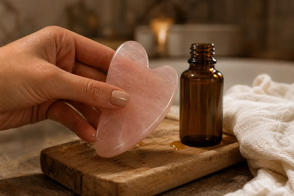 Main tenant une pierre de gua sha en quartz rose au-dessus d’un plateau en bois, flacon en verre ambré à côté, lumière tamisée