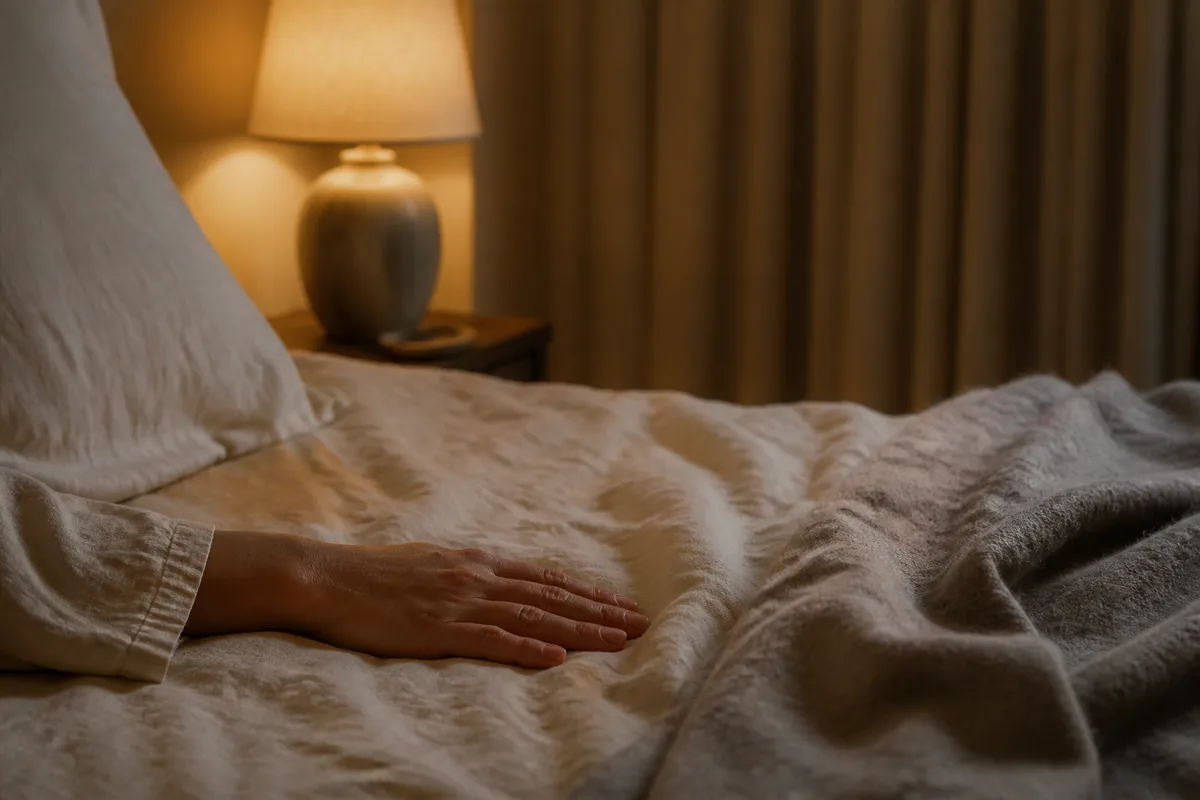 Coin de lit aux draps de lin froissé, main posée à plat sur le matelas, lampe de chevet en céramique diffusant une lumière ambrée