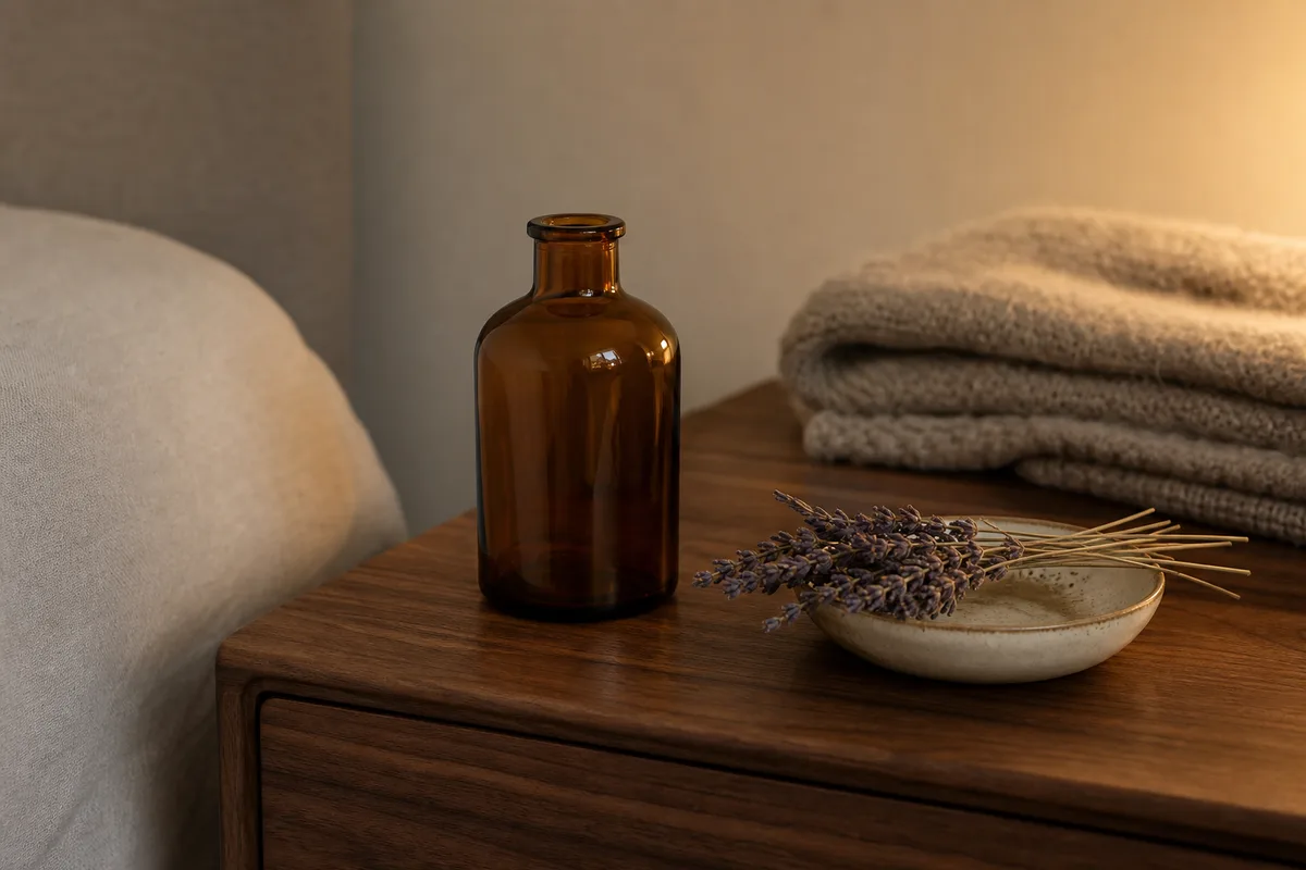 Nature morte du soir sur une table de chevet en bois, flacon en verre ambré et brins de lavande séchée dans une coupelle, halo chaud d’une lampe basse