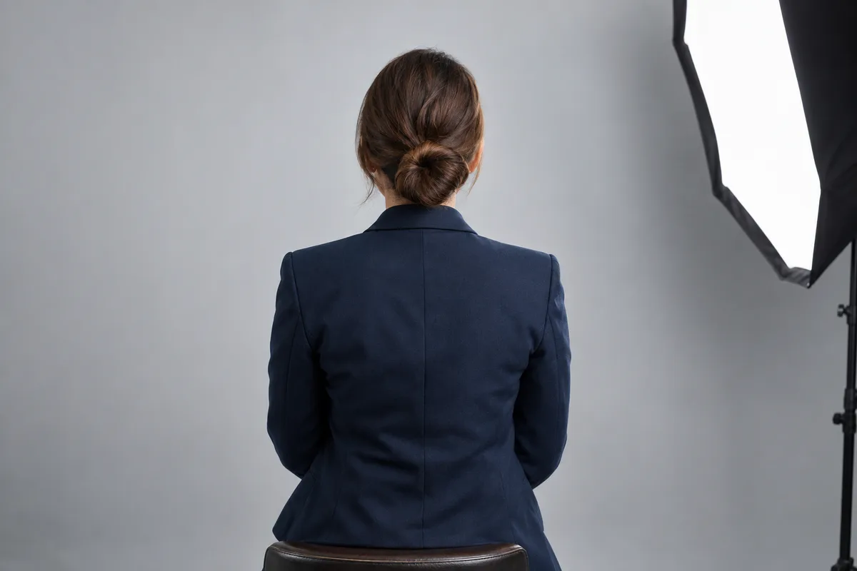 Femme de dos en veste de tailleur bleu marine assise face à un fond de studio gris clair
