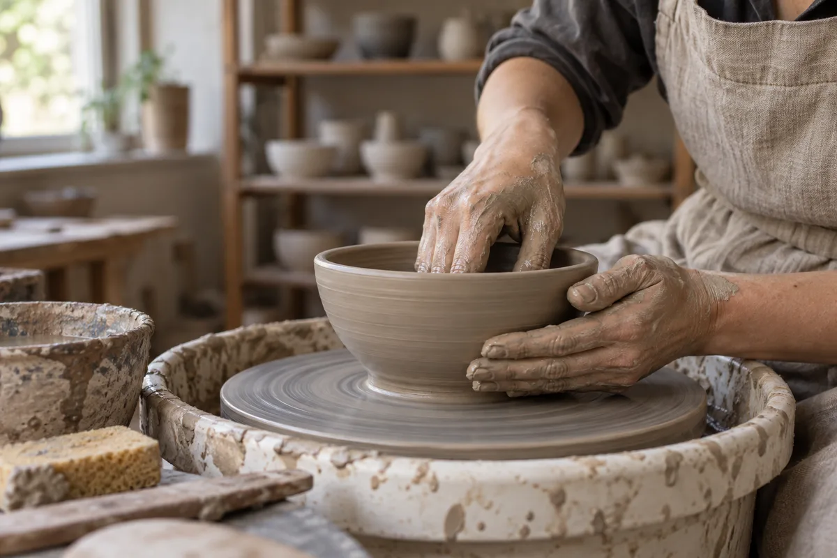 Mains d&rsquo;une céramiste façonnant un bol sur un tour dans un atelier clair