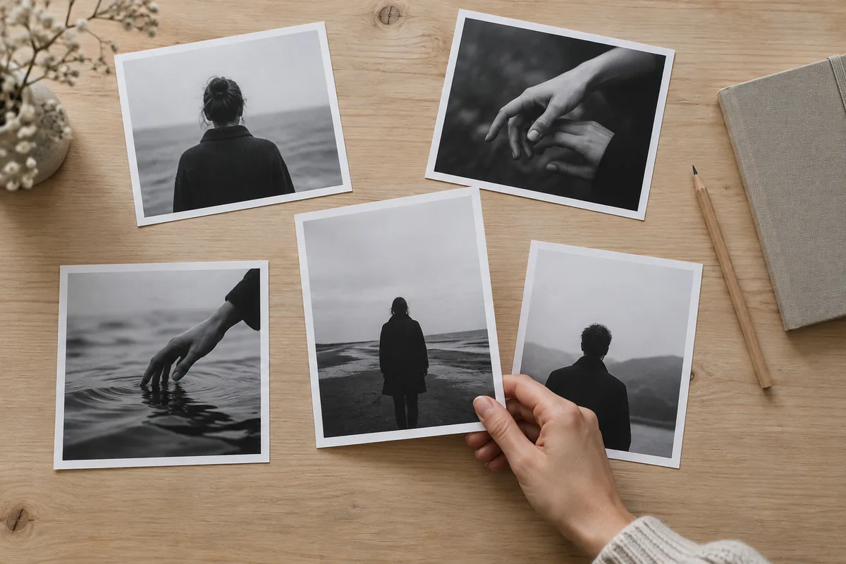 Tirages photo en noir et blanc étalés sur une table en bois clair