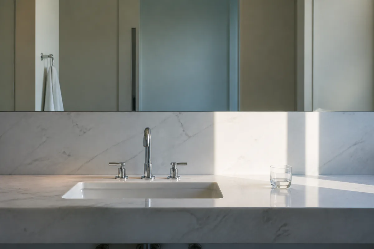 Serviette blanche pliée et gant de toilette posés sur une tablette de salle de bain