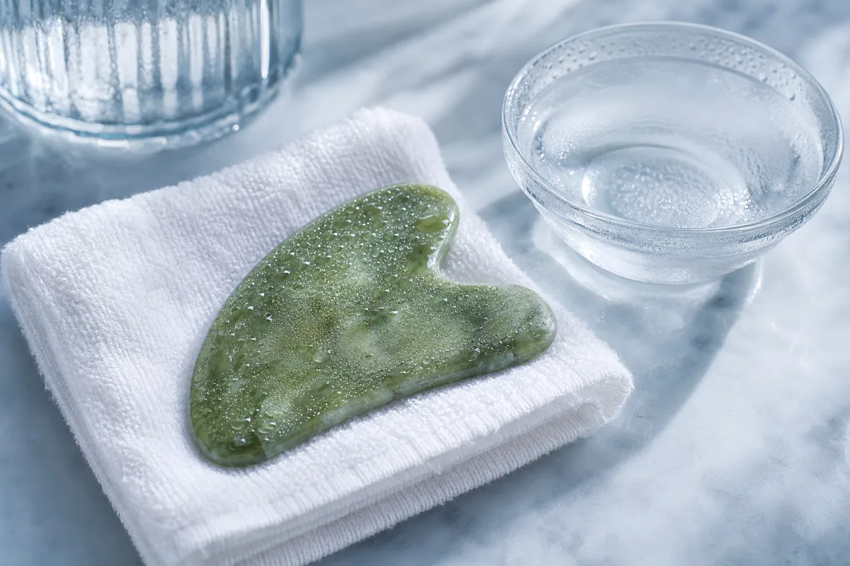 Pierre de gua sha en jade posée sur une serviette blanche, conservée au frais avant utilisation