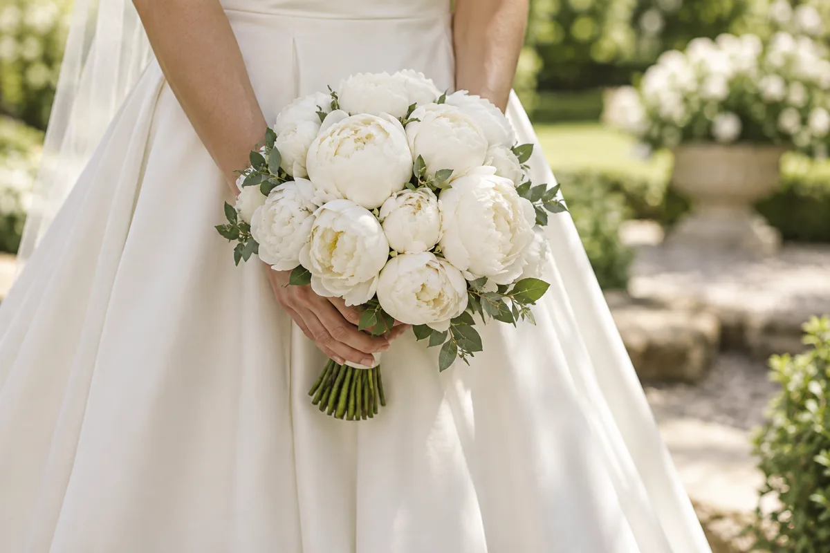 Mains d&rsquo;une mariée tenant un bouquet rond de pivoines blanches devant une jupe ivoire