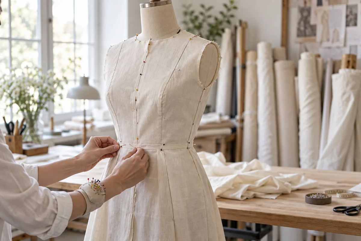 Toile d&rsquo;essai en coton écru épinglée sur un mannequin de couturière dans un atelier