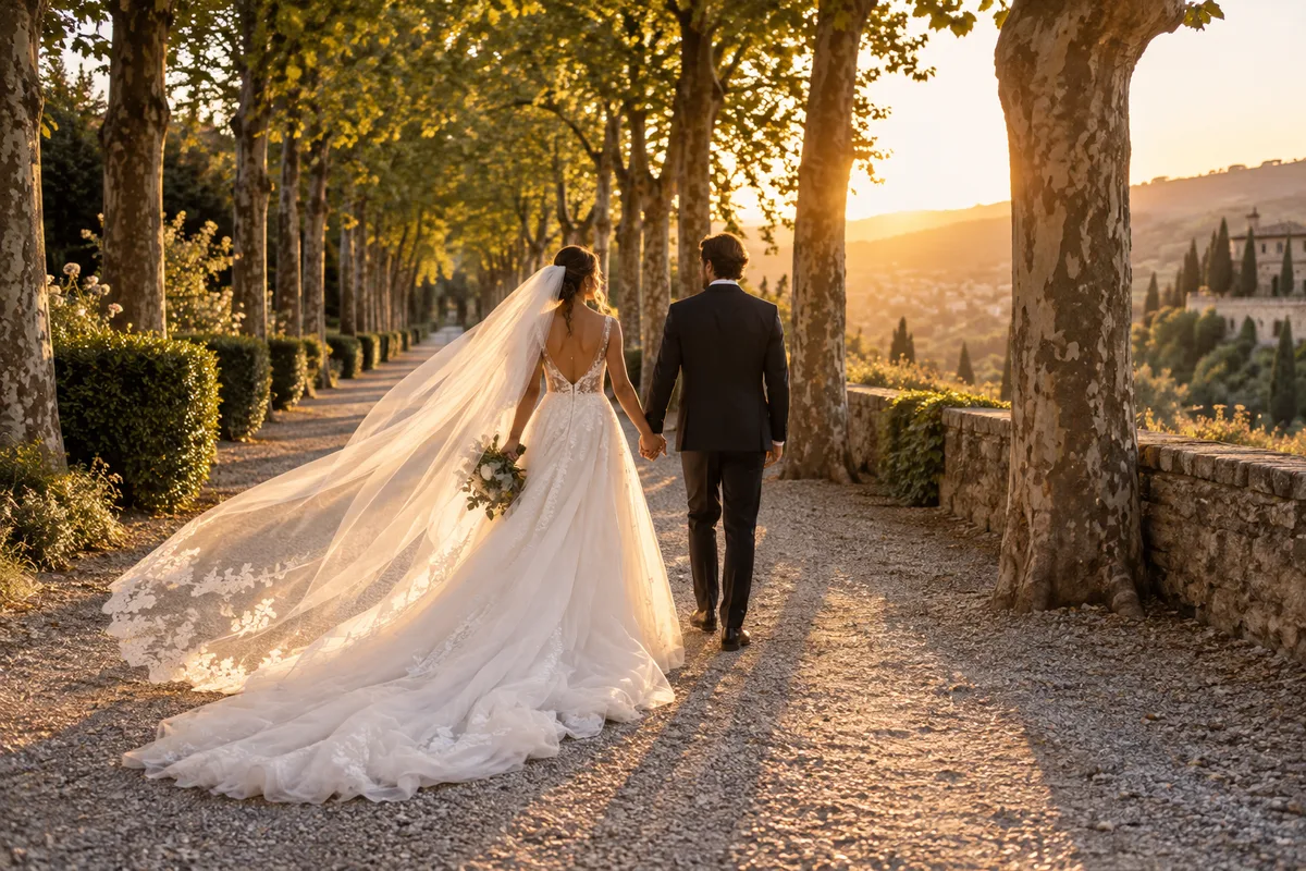 Couple de mariés de dos marchant dans une allée, traîne et voile soulevés par le mouvement