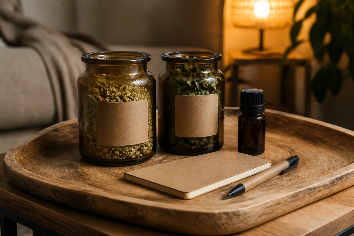 Plateau en bois posé sur une table basse, bocaux de fleurs séchées et petit flacon en verre ambré, lumière chaude de fin de journée