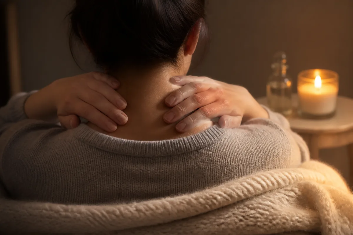 Mains posées sur la nuque d&rsquo;une personne assise dans un fauteuil, plaid en laine et bougie allumée à côté, éclairage tamisé du soir