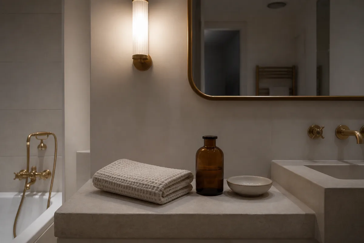 Salle de bain apaisante en fin de soirée, serviette pliée et flacon en verre sur une tablette, lumière douce d&rsquo;une applique murale