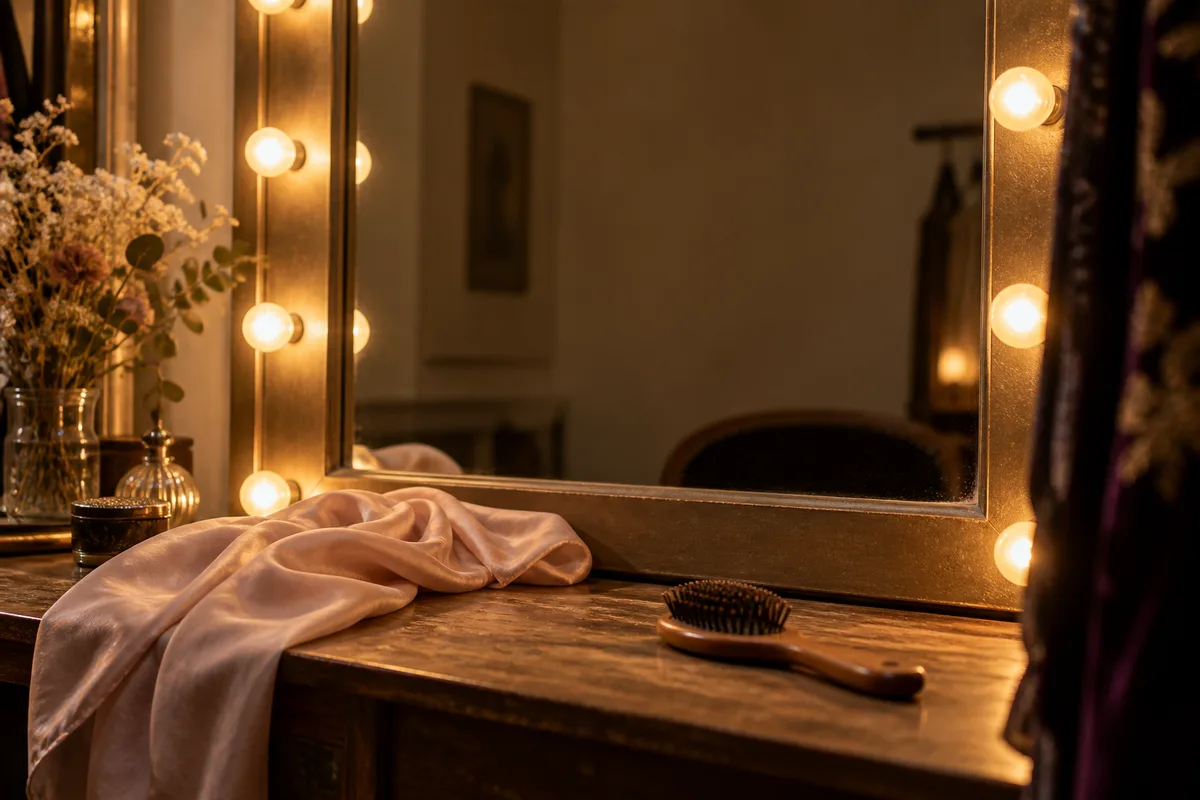 Miroir de loge entouré d&rsquo;ampoules allumées, foulard de soie posé sur la tablette en bois devant le miroir